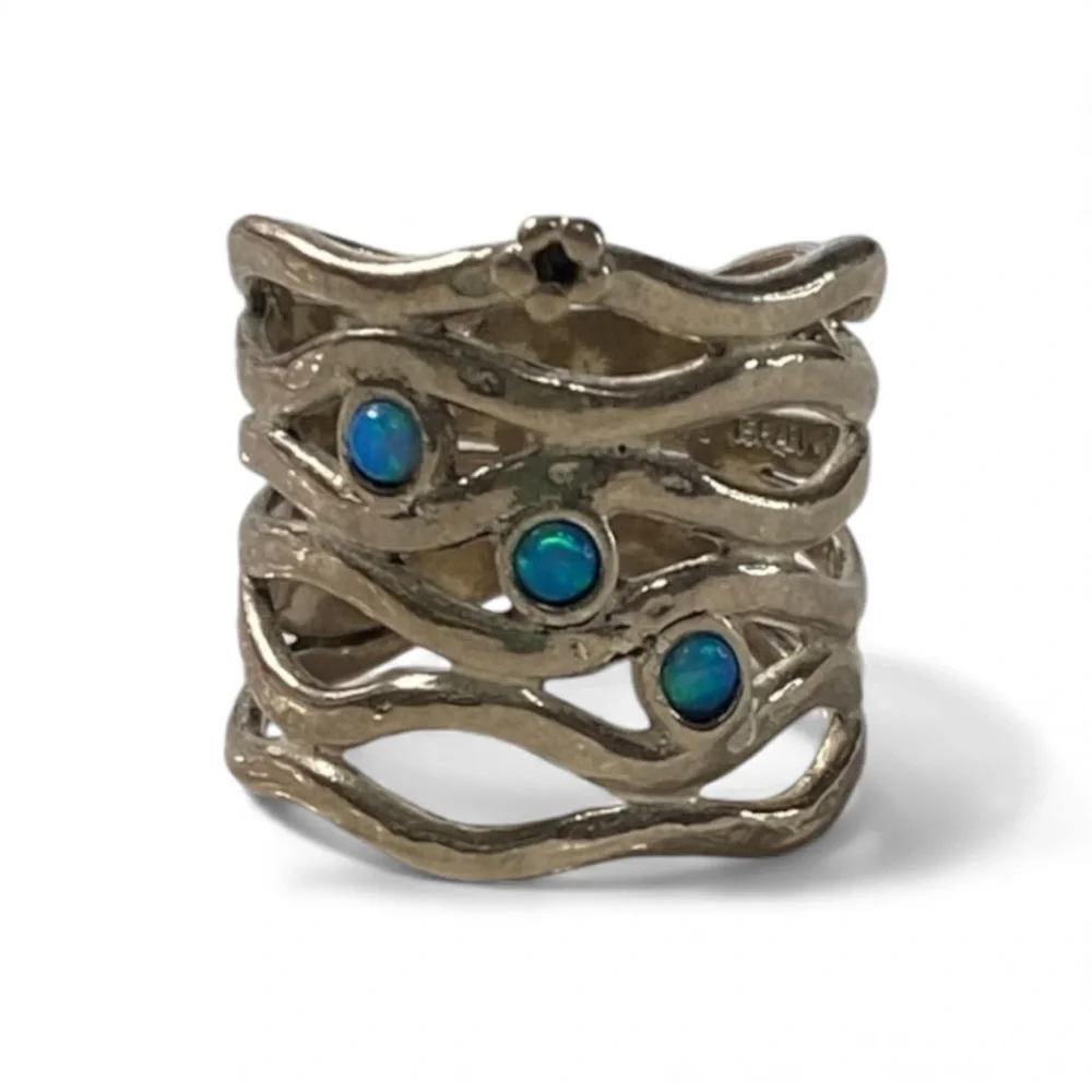 Vintage Israeli Sterling Silver Blue Fire Opal Wave Ring Size 6